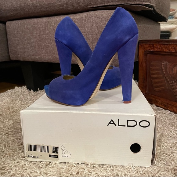 3/$30 ALDO women Pumps Suede Royal Blue Peep Toe Platform high heels size 6.5 - Picture 5 of 6